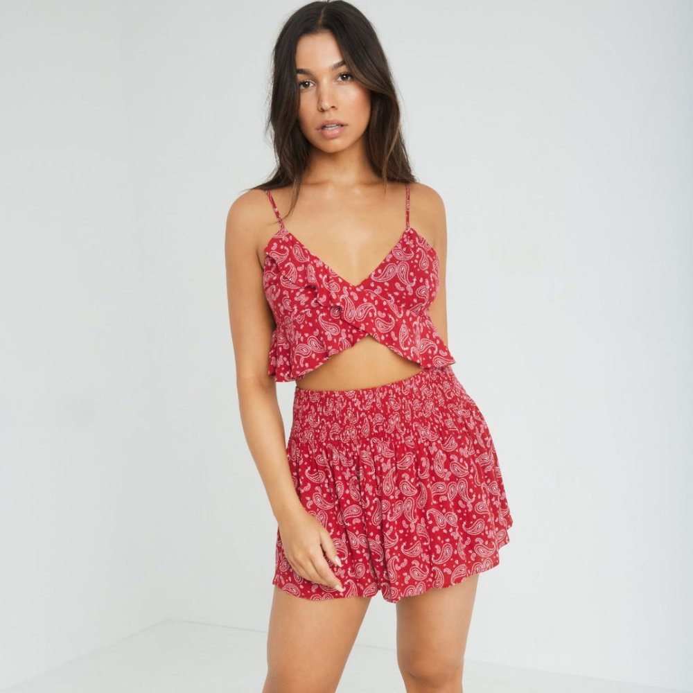 Garage Red Paisley Smocked Mini-Skirt NWT